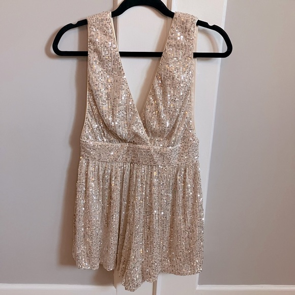 Champagne Sequin Plunge Sleeveless Romper - Picture 1 of 9